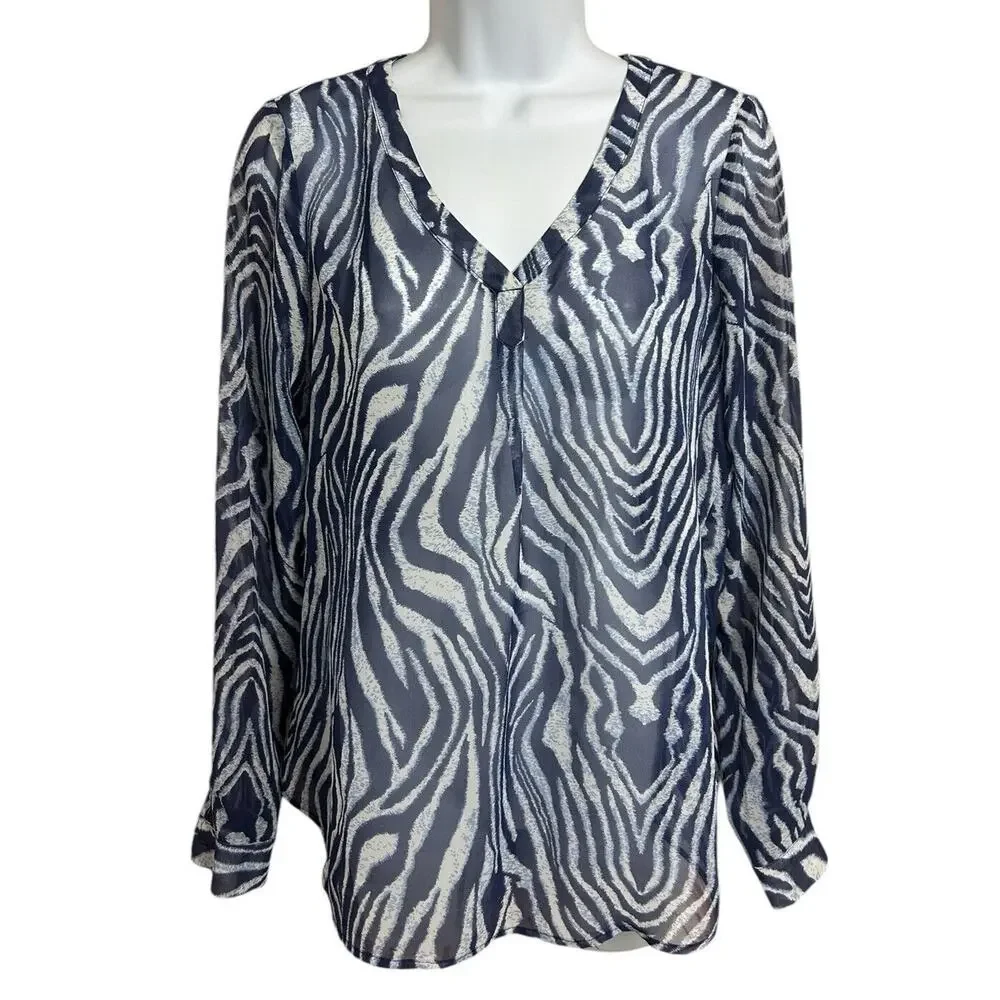 ecru Blue Animal Print Blouse Sz M Loose V-Neck Long Sleeve Top Semi Sheer
